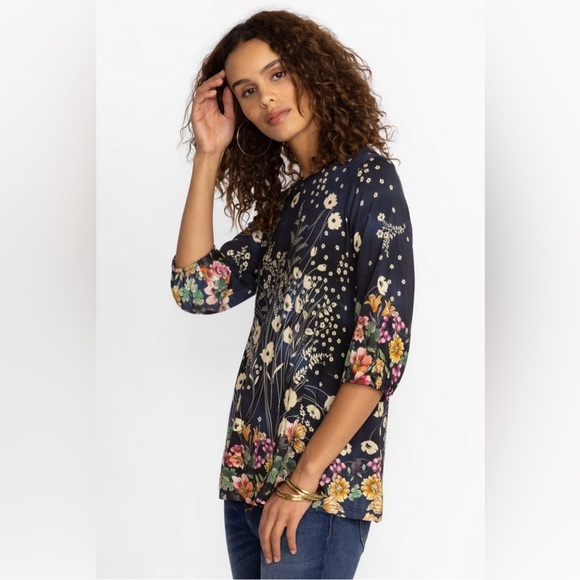 Johnny Was The Janie Favorite Puff Sleeve Top, floral boho navy blouse, large - Picture 2 of 9
